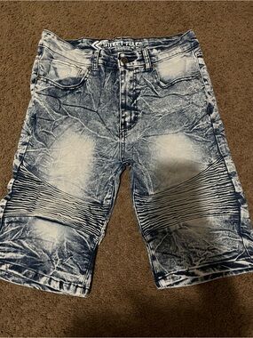 Street Rules Boys Blue Acid-Wash Moto Denim Shorts
